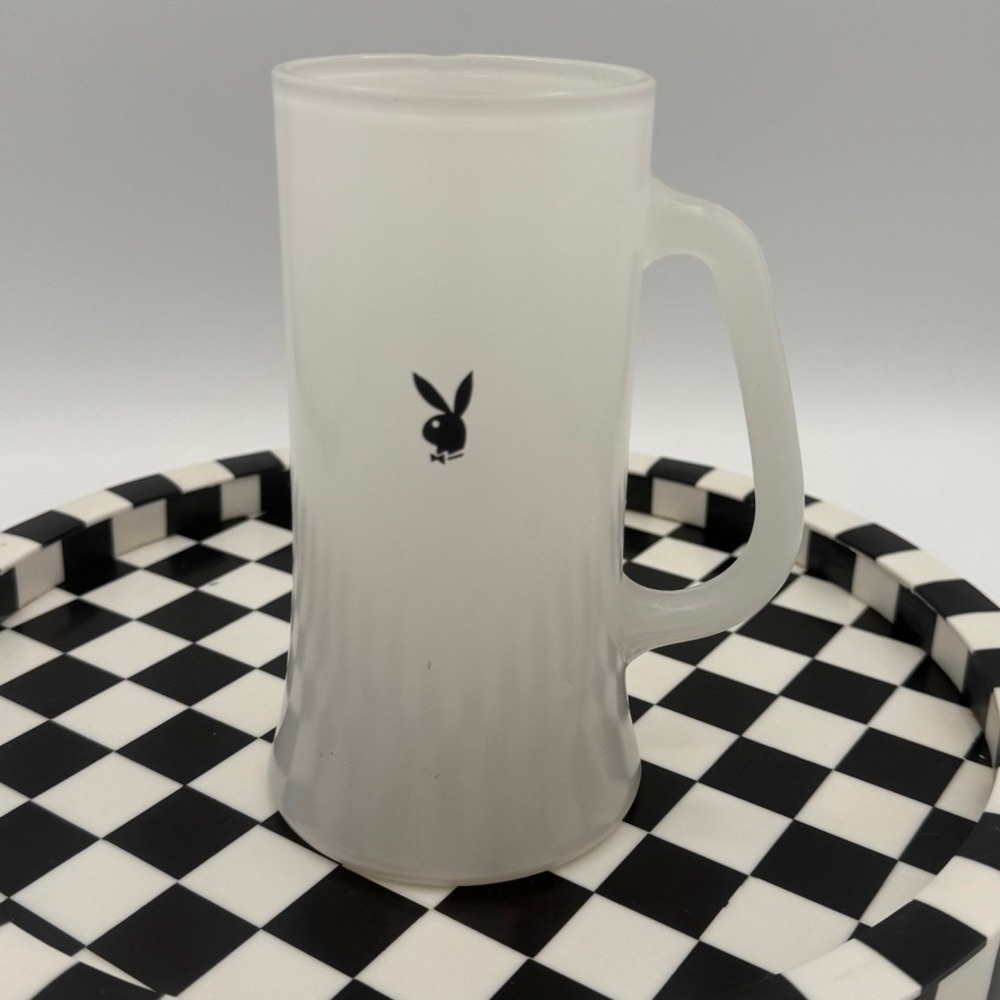 Playboy‎ Club Black Bunny Logo White Beer Glass Mug Handled 6 1/4" Tall 14oz